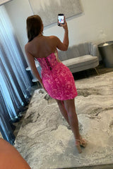Romantic Hot Pink Mini Dress with Floral Lace and Sweetheart Neckline