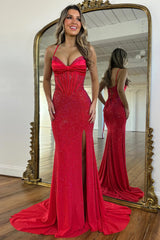 Light Blue Spaghetti Strap Mermaid Prom Dress with Glitter Corset and High Slit