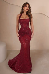 Sparkly Gold Mermaid Halter Neck Prom Gown with Ruched Detailing
