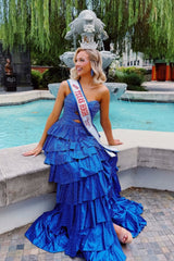 Strapless A-Line Prom Dress with Ruffled Skirt, Keyhole Bodice, High Slit & Lace-Up Back