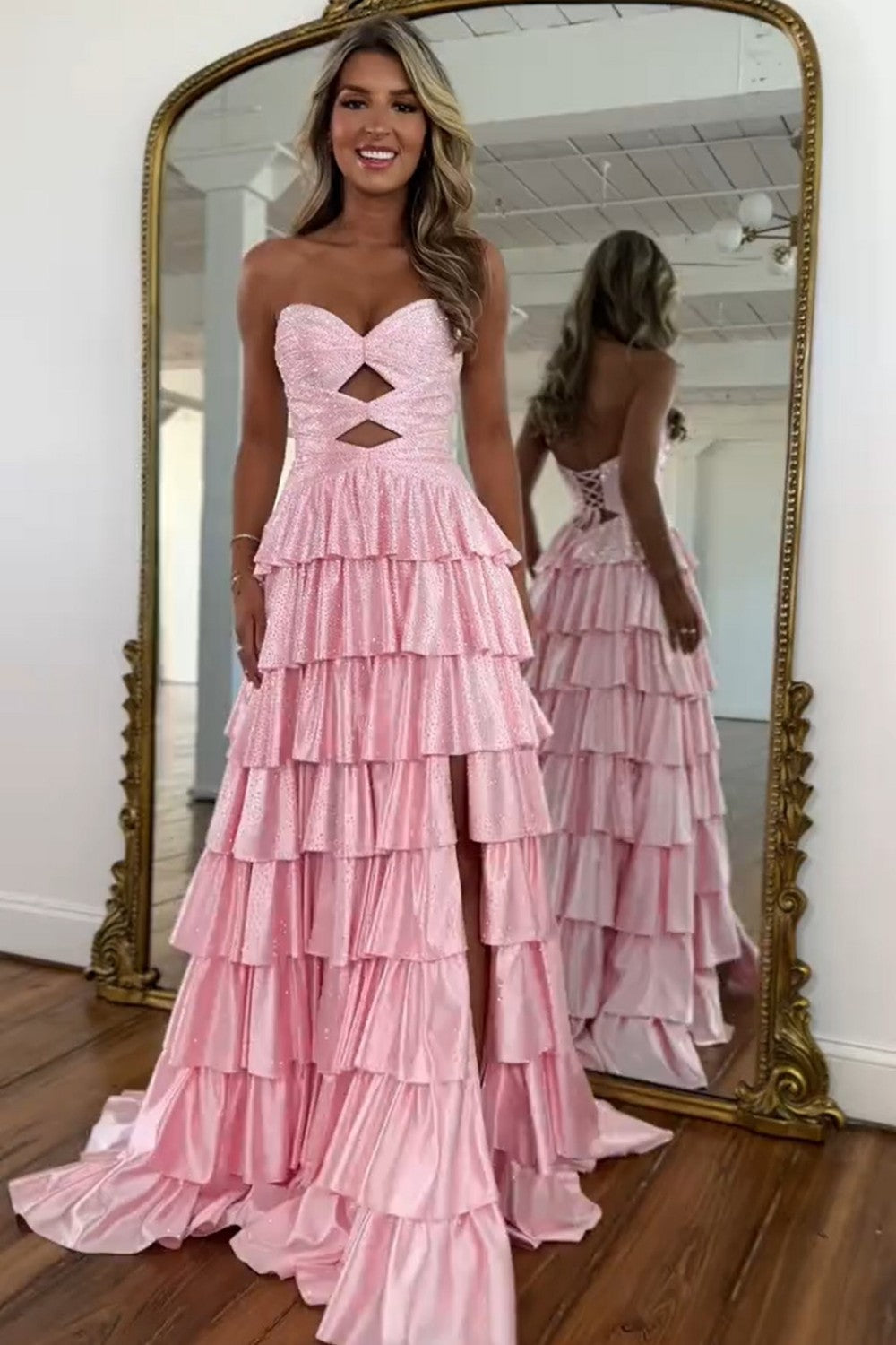 Strapless A-Line Prom Dress with Ruffled Skirt, Keyhole Bodice, High Slit & Lace-Up Back