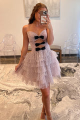 Pretty Pink Polka Dot Mini Homecoming Dress with Sweet Bow Cutouts