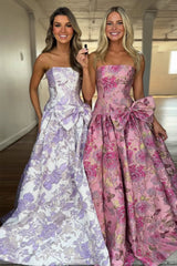 Romantic Purple Strapless A-Line Prom Dress with Floral Accents and Bow