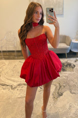 Chic Red Strapless Homecoming Dress with Lace Corset and Bubble Hem