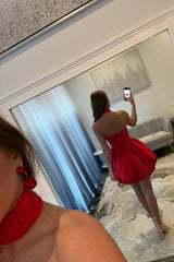 Chic Red Strapless Homecoming Dress with Lace Corset and Bubble Hem