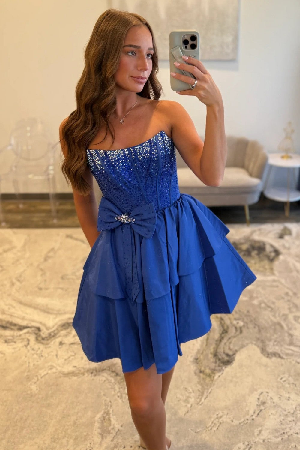 Short Royal Blue Strapless Dress with Sparkly Beaded Top and Bow Detail