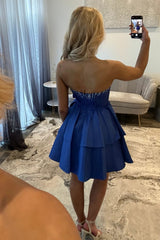 Short Royal Blue Strapless Dress with Sparkly Beaded Top and Bow Detail