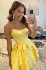Romantic Strapless Satin Homecoming Dress with Bubble Hem Skirt