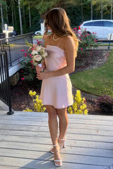 Trendy Light Pink Strapless Mini Party Dress with Ruched A-Line Shape