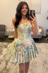 Romantic Floral Strapless Dress with Structured Corset Bodice and Flowing Skirt