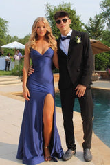 Navy Blue Spaghetti Strap Mermaid Prom Dress with High Front Slit