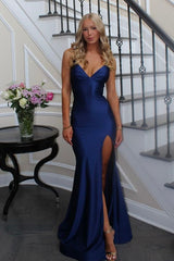 Navy Blue Spaghetti Strap Mermaid Prom Dress with High Front Slit
