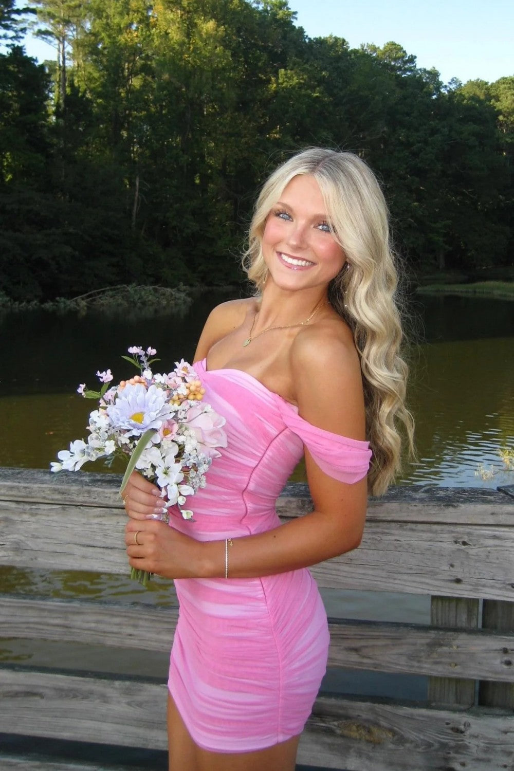 Romantic Off-the-Shoulder Pink Homecoming Dress with Bodycon Silhouette