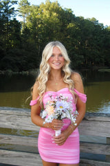 Romantic Off-the-Shoulder Pink Homecoming Dress with Bodycon Silhouette