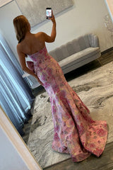 Pink Floral Jacquard Strapless Mermaid Prom Dress with Bow Detail