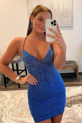 Chic Royal Blue Beaded Bodycon Homecoming Dress with Spaghetti Straps