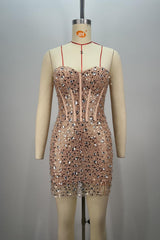 Sparkly Strapless Rhinestone Homecoming Dress with Bodycon Corset Fit