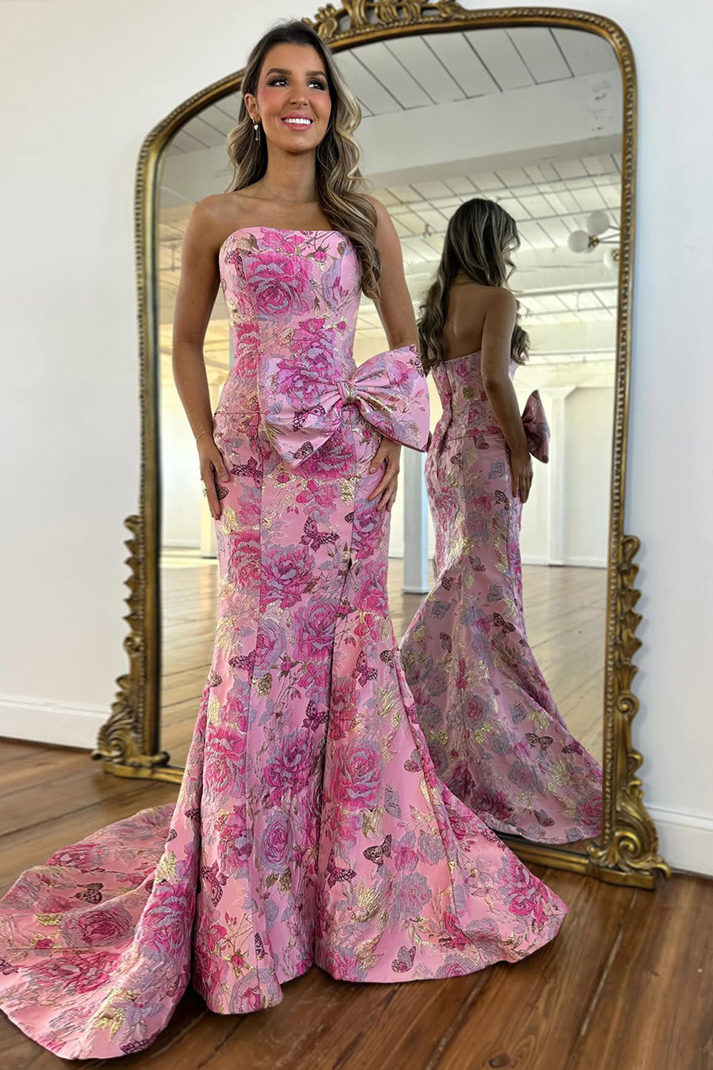 Pink Floral Jacquard Strapless Mermaid Prom Dress with Bow Detail