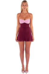 Chic Burgundy Mini Homecoming Dress with Halter Neckline and Criss Cross Back Design