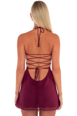 Chic Burgundy Mini Homecoming Dress with Halter Neckline and Criss Cross Back Design
