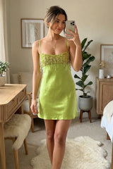 Glamorous Green Satin Short Homecoming Dress with Tassel Details
