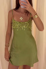 Glamorous Green Satin Short Homecoming Dress with Tassel Details