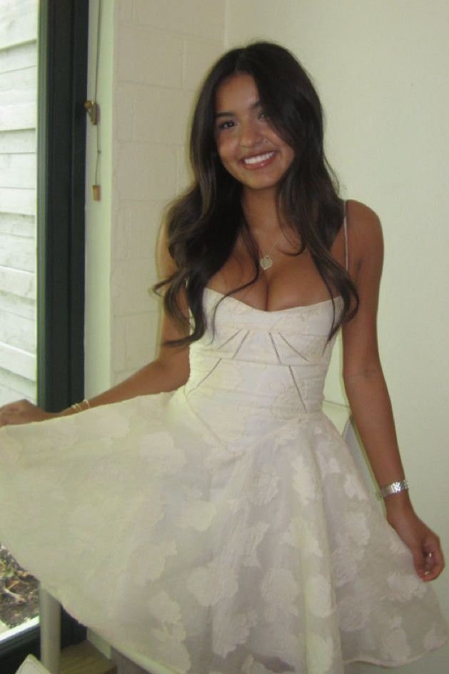 Dreamy White Floral Mini Homecoming Dress with Thin Straps and Flared Skirt