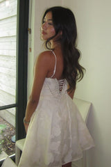 Dreamy White Floral Mini Homecoming Dress with Thin Straps and Flared Skirt