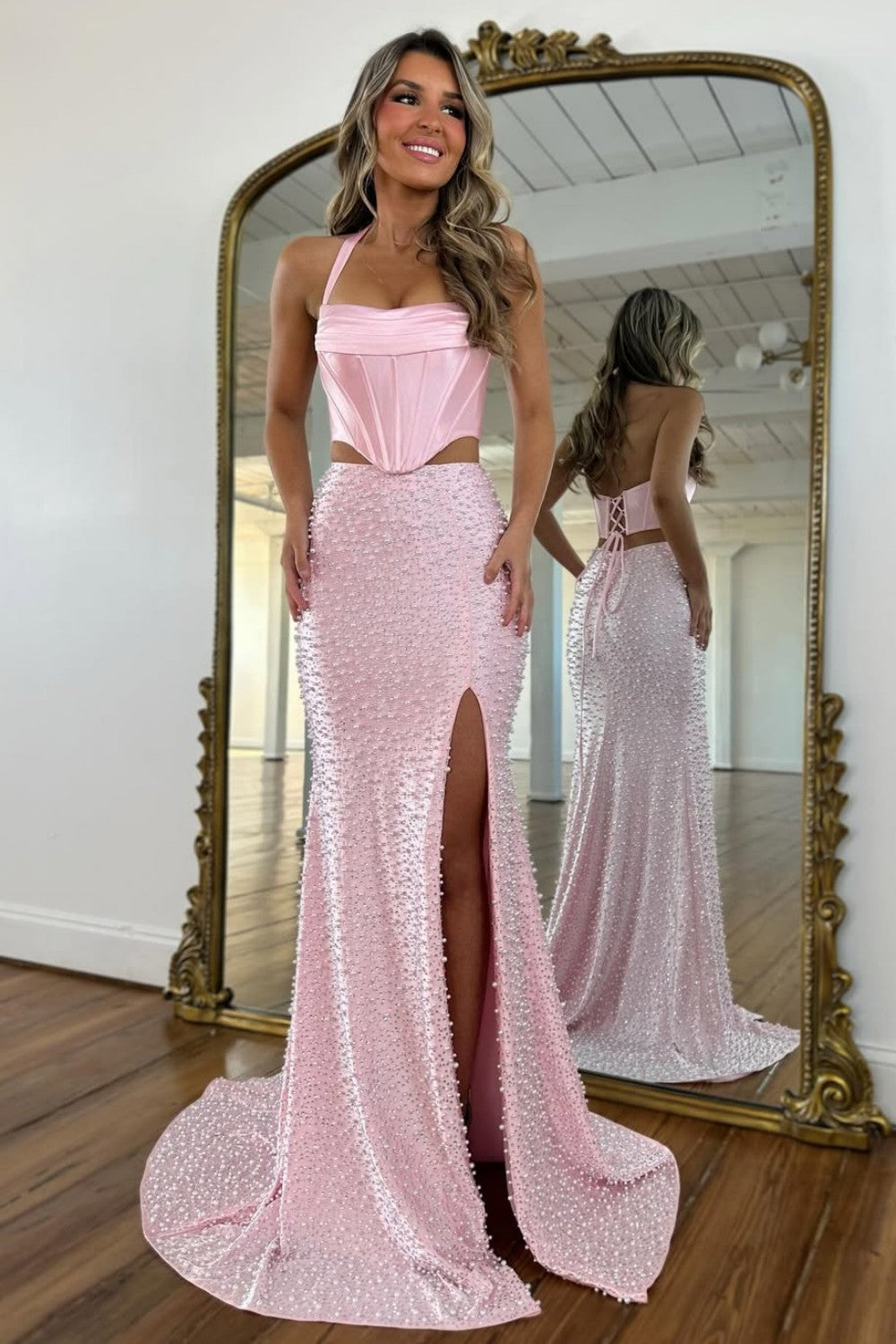 Chic Blush Pink Halter Satin Two-Piece Prom Dress with Mermaid Skirt and Pearls