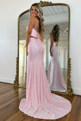 Chic Blush Pink Halter Satin Two-Piece Prom Dress with Mermaid Skirt and Pearls