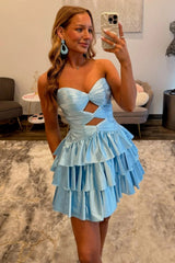 Glamorous Satin Mini Dress with Sweetheart Top, Side Cutouts and Tiered Ruffles