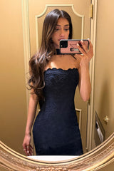 Navy Blue Strapless Lace Sheath Dress for Long Evening Events