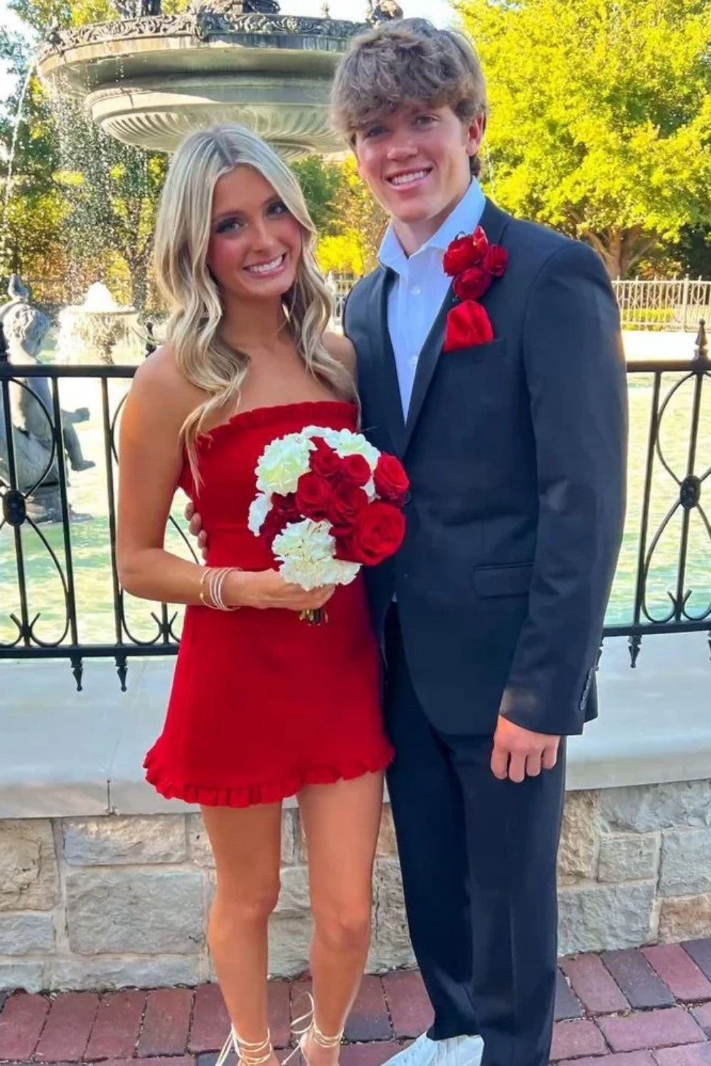 Red Satin Strapless Sheath Homecoming Dress with Ruffle Detail