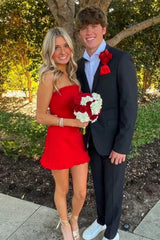Red Satin Strapless Sheath Homecoming Dress with Ruffle Detail
