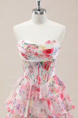 Sweet Floral Strapless Long Tiered Ruffle Ball Gown Print Prom Dres