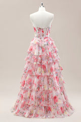 Sweet Floral Strapless Long Tiered Ruffle Ball Gown Print Prom Dres