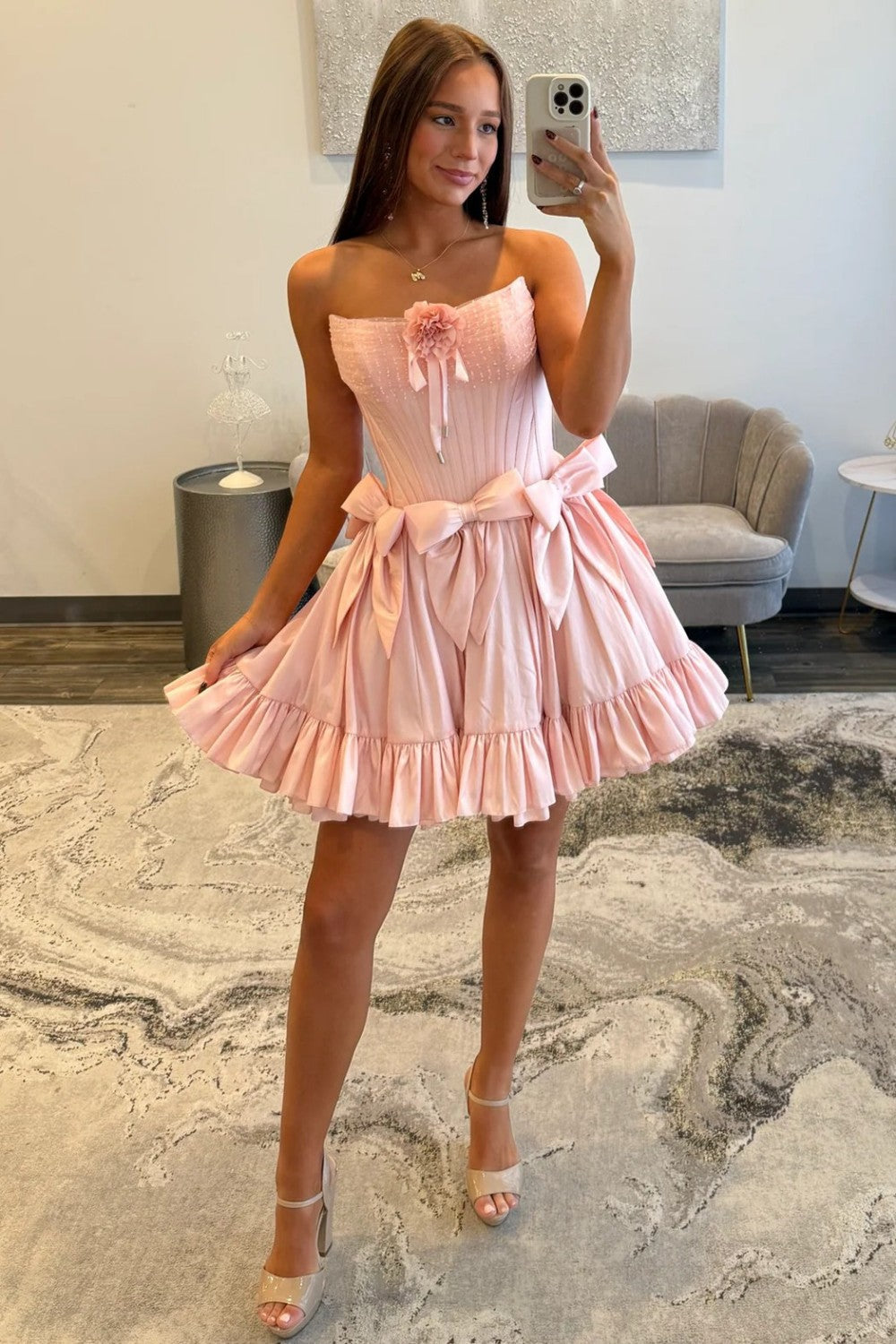 Pretty Pink Strapless Homecoming Dress with Corset Top, Bows and Ruffle Trim