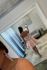 Pretty Pink Strapless Homecoming Dress with Corset Top, Bows and Ruffle Trim