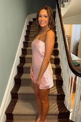 Chic Light Pink A Line Homecoming Dress with Strapless Bodice and Pearl Details