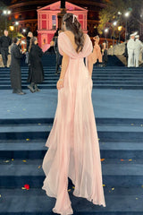 Sweety Pink V-Neck A-Line Prom Gown with Layered Ruffles