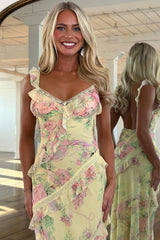 Romantic Yellow Floral Print Spaghetti Strap Prom Dress with Ruffled Hem