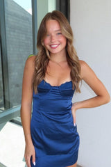 Elegant Navy Satin Sheath Mini Homecoming Dress with Delicate Straps