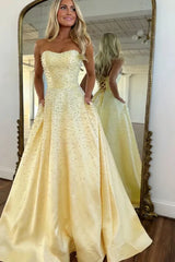Romantic Light Pink Strapless A-Line Prom Gown with Beads and Corset Back Design