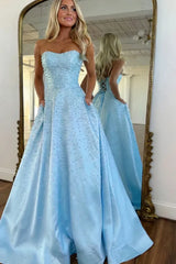 Romantic Light Pink Strapless A-Line Prom Gown with Beads and Corset Back Design