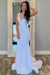 Chic V-Neck Beaded Mermaid Prom Dress with Illusion Side Panels