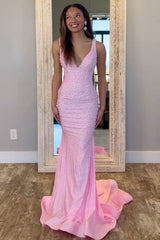 Chic V-Neck Beaded Mermaid Prom Dress with Illusion Side Panels
