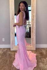 Chic V-Neck Beaded Mermaid Prom Dress with Illusion Side Panels