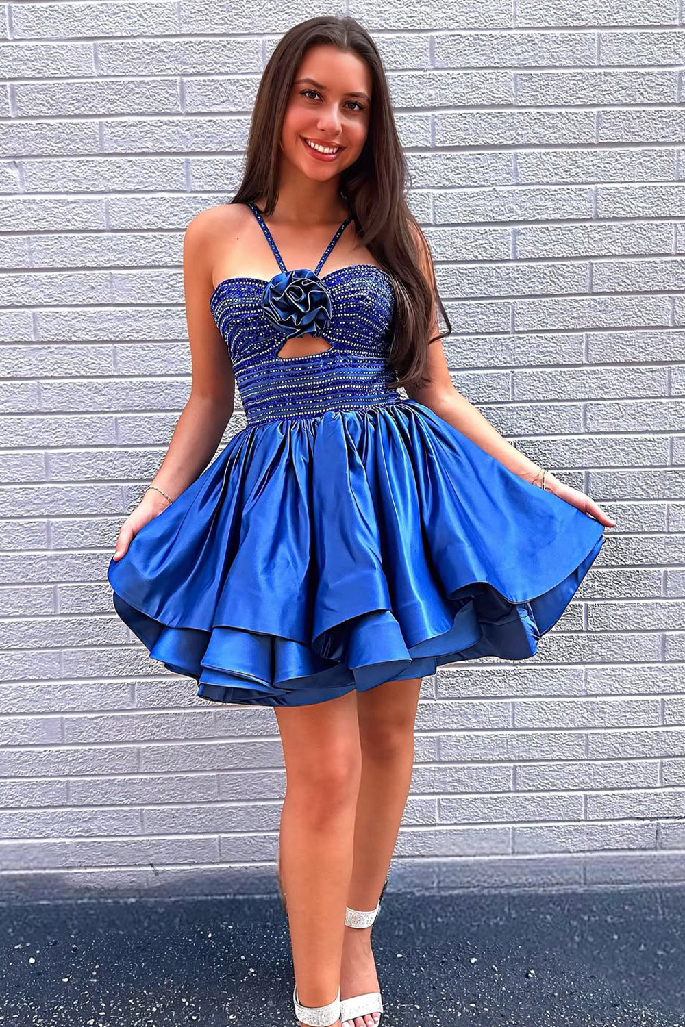 Chic Royal Blue Satin Mini Homecoming Dress with Embellished Halter Top