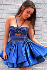 Chic Royal Blue Satin Mini Homecoming Dress with Embellished Halter Top