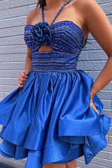 Chic Royal Blue Satin Mini Homecoming Dress with Embellished Halter Top